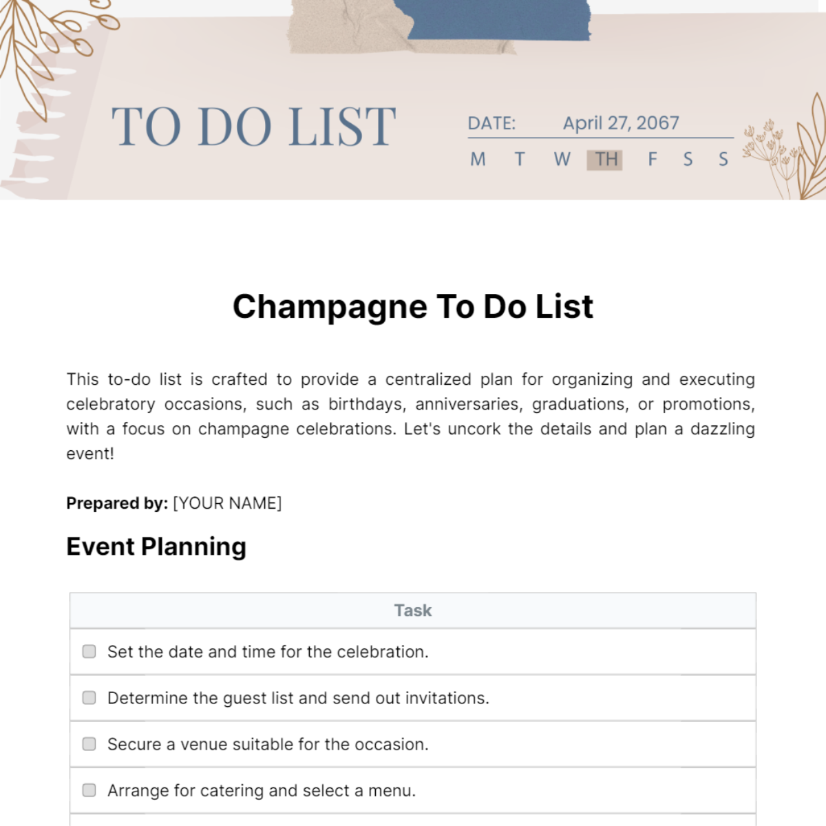 Champagne To Do List Template