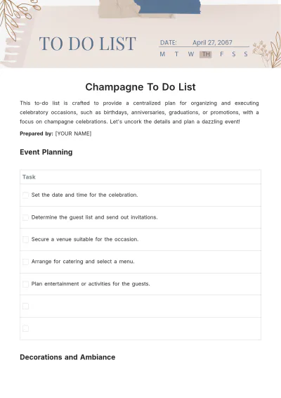 Free Champagne To Do List Template to Edit Online
