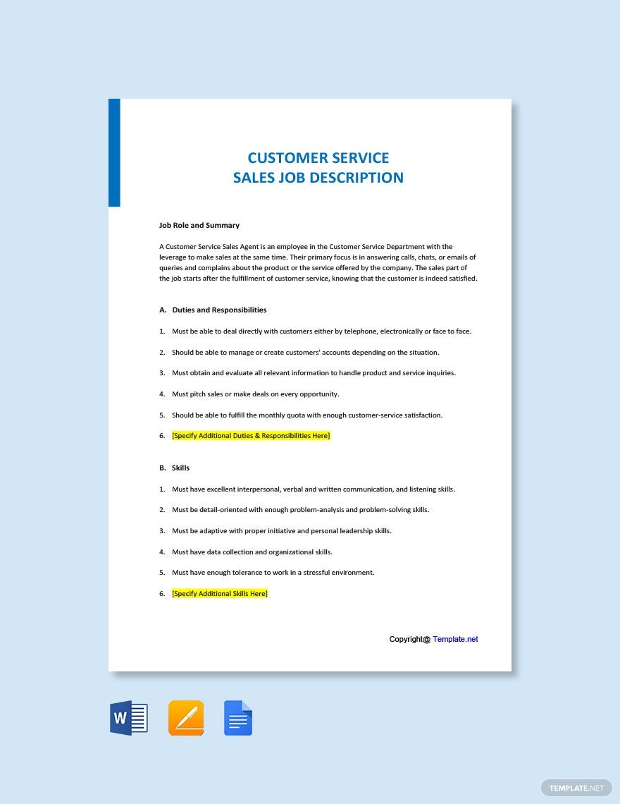 Customer Service Sales Job Description Template
