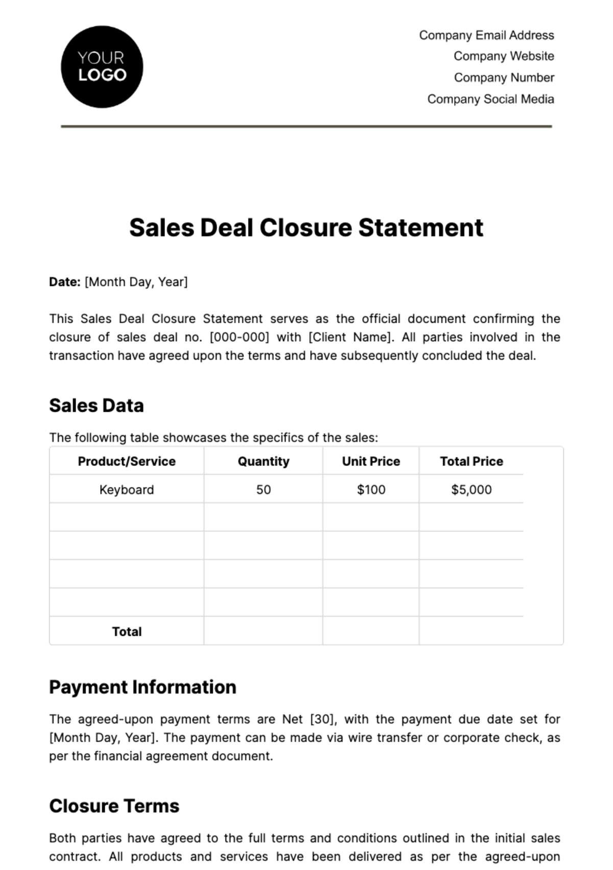 Sales Deal Closure Statement Template