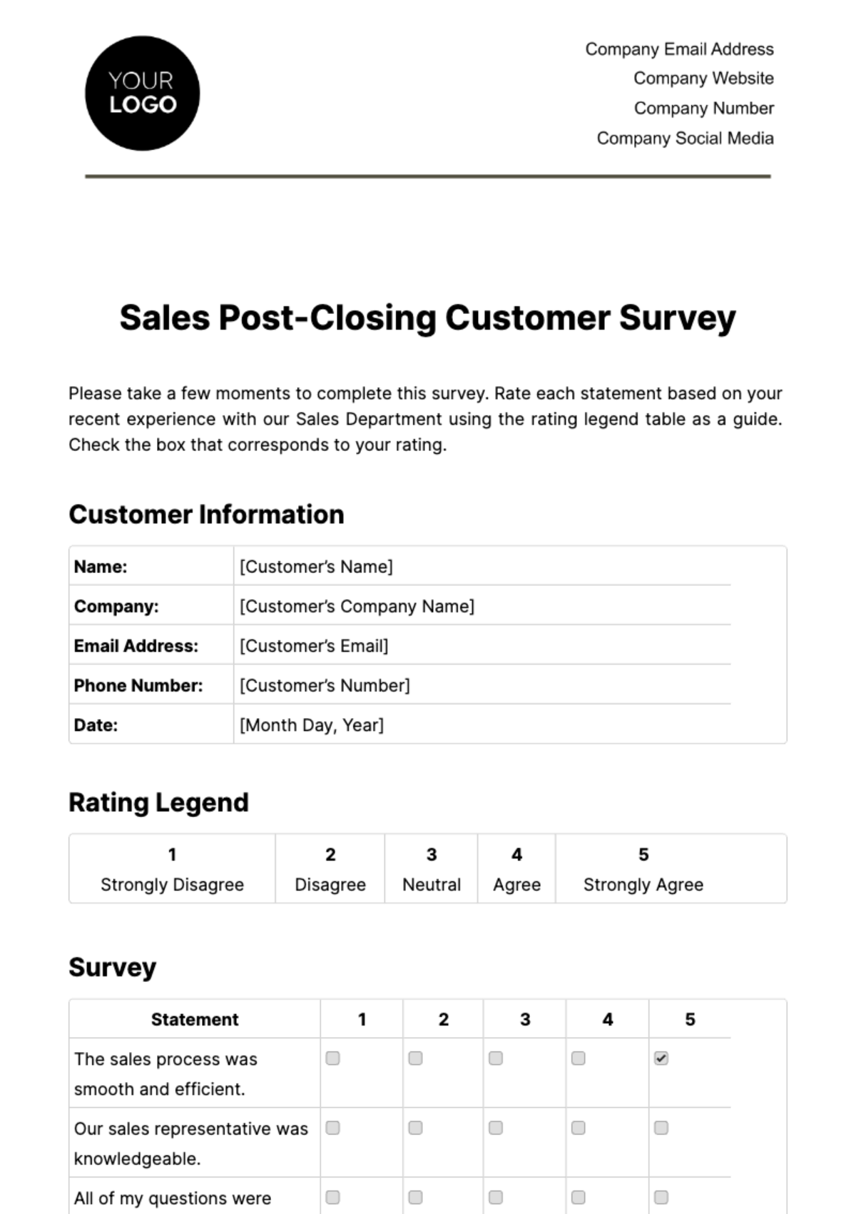 Sales Post-Closing Customer Survey Template