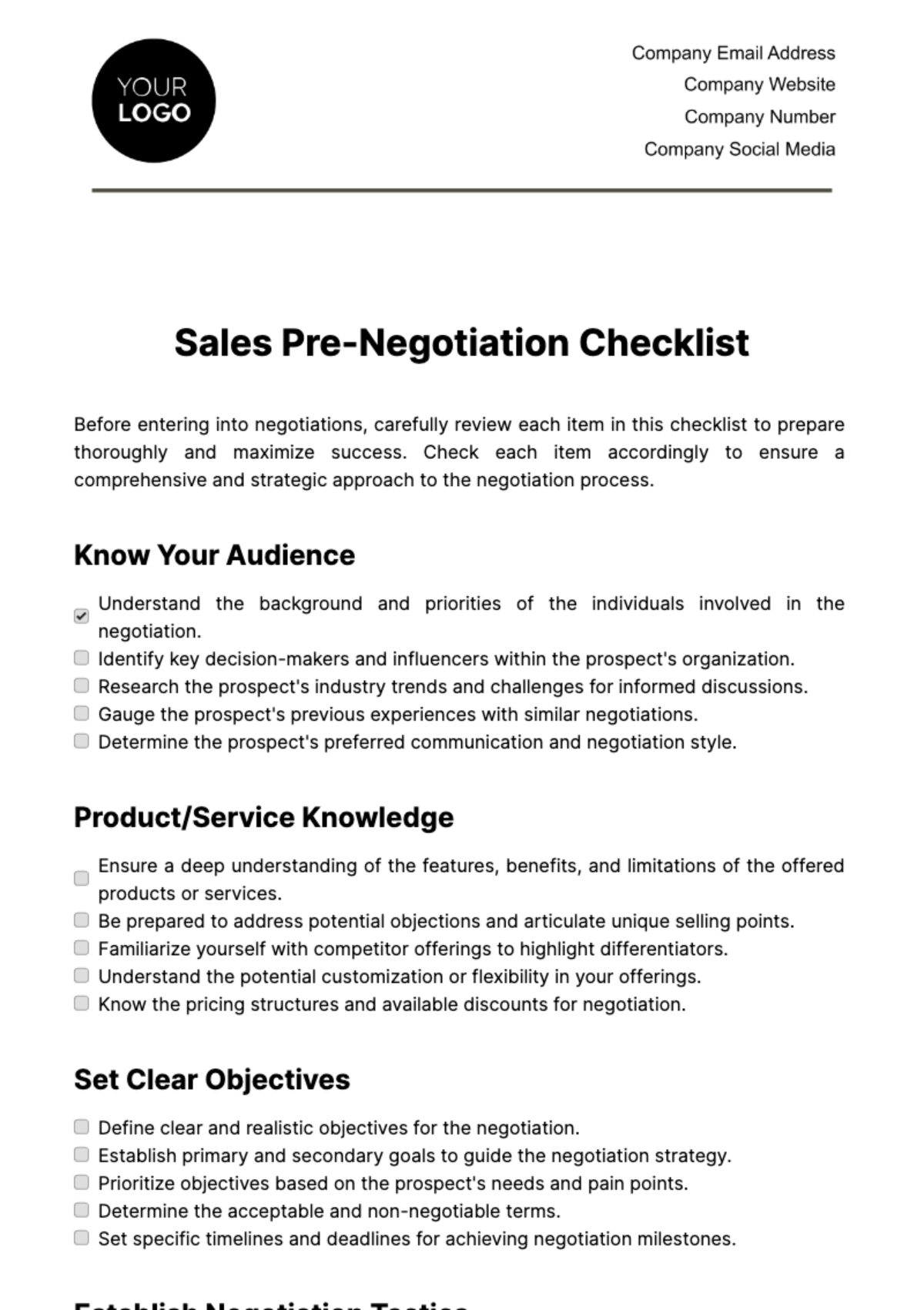 Sales Pre-Negotiation Checklist Template
