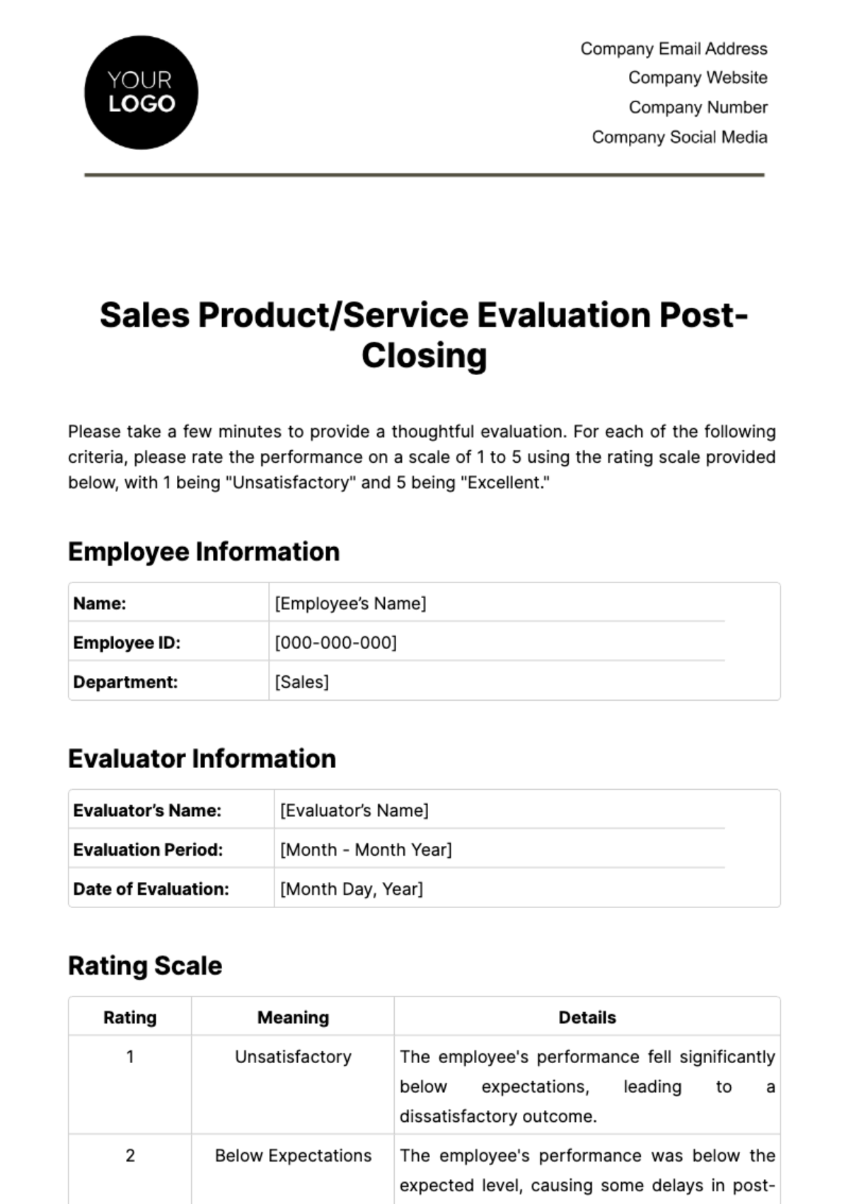 Sales Product/Service Evaluation Post-Closing Template
