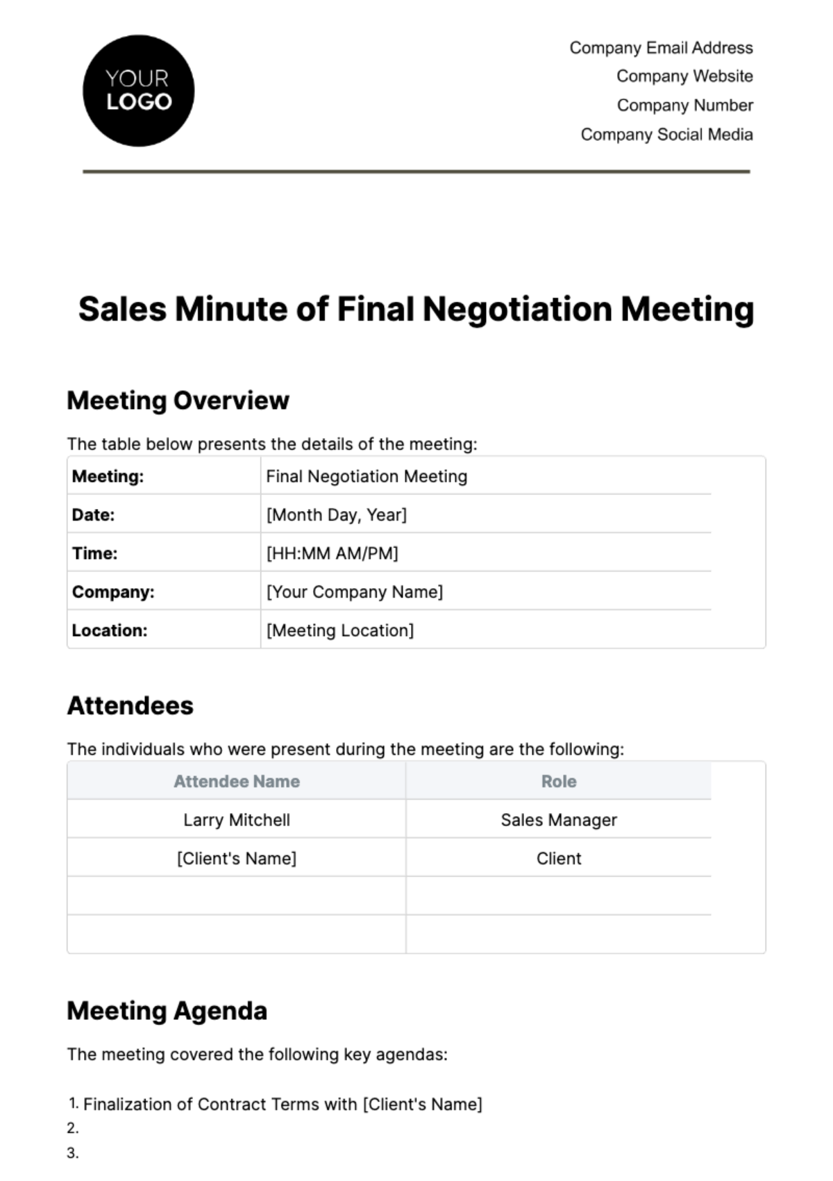 Free Sales Minute of Final Negotiation Meeting Template