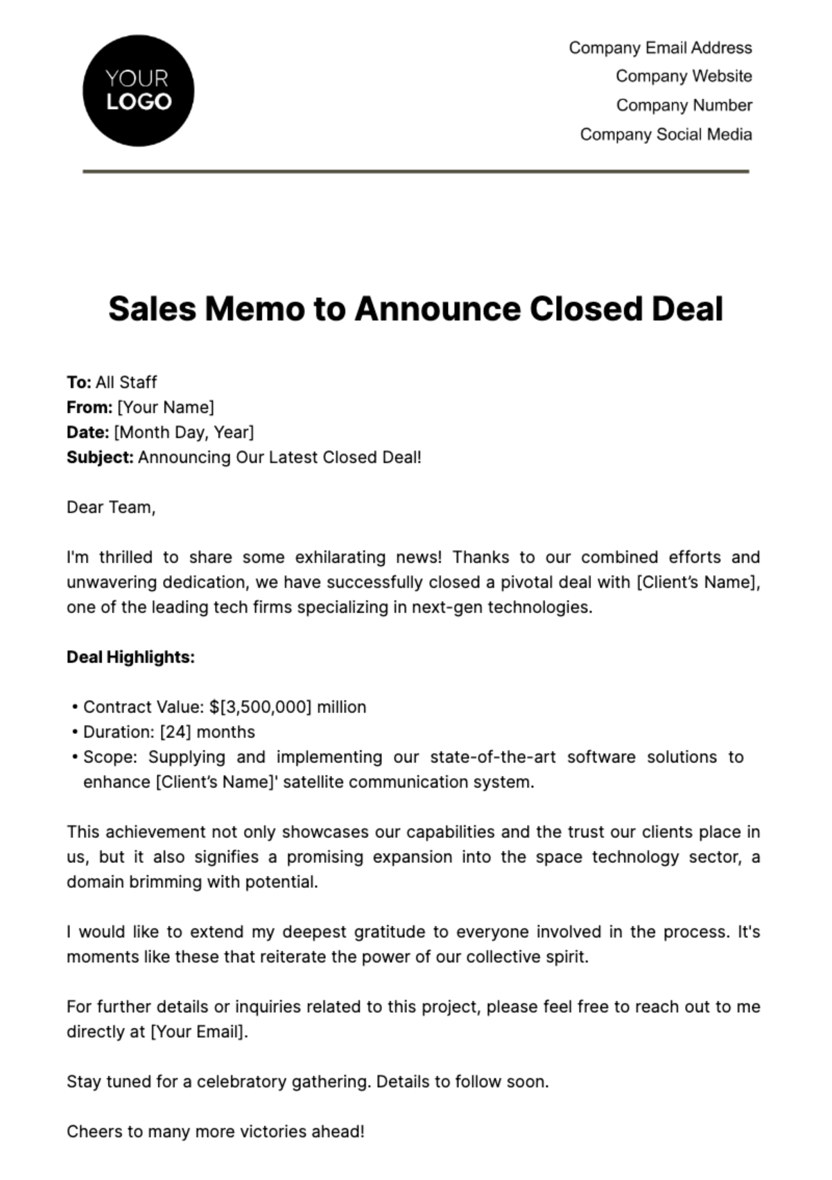 Sales Memo to Announce Closed Deal Template