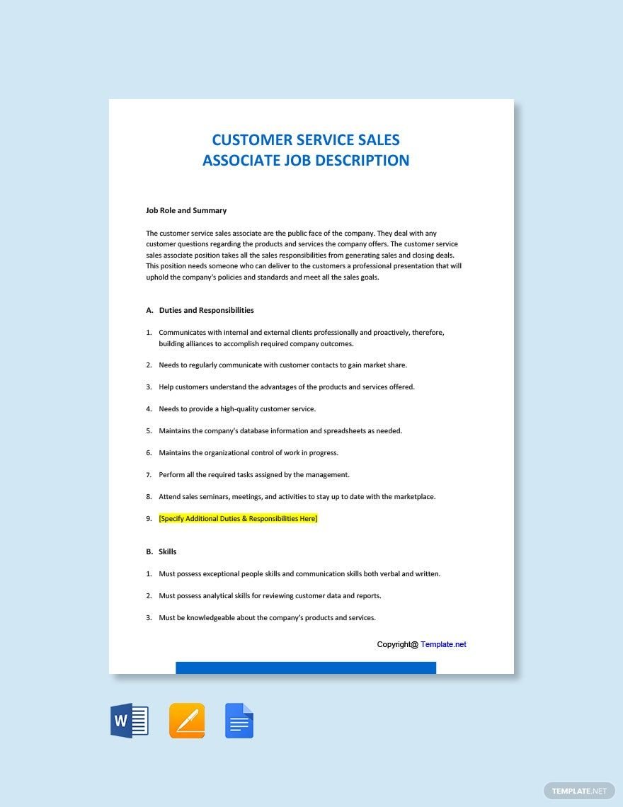 Customer Service Sales Associate Job Description Template