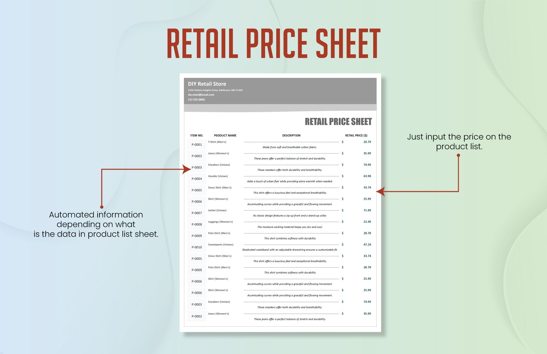 Retail Price Sheet Template