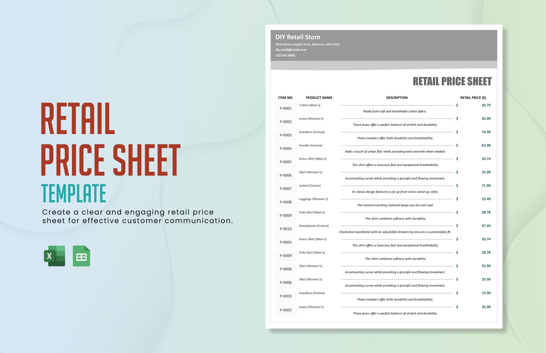 Retail Price Sheet Template in Excel, Google Sheets
