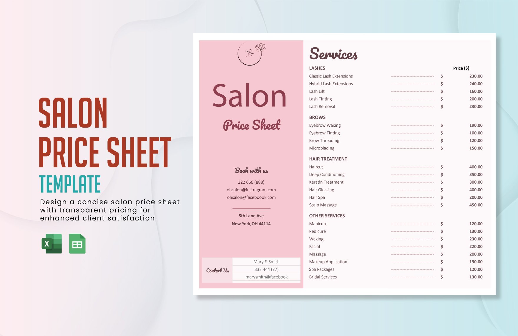 Salon Price Sheet Template in Excel, Google Sheets
