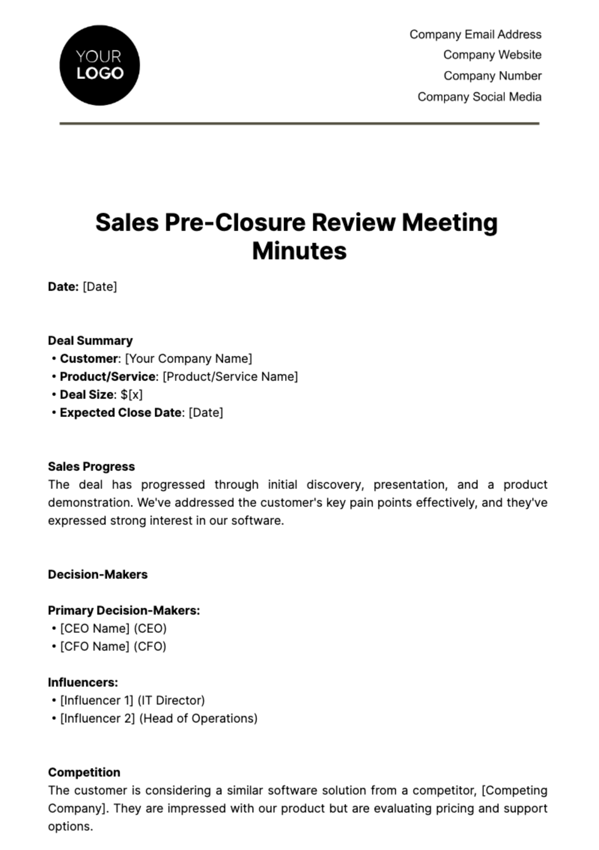 Sales Minute for Pre-Closure Review Meeting Template