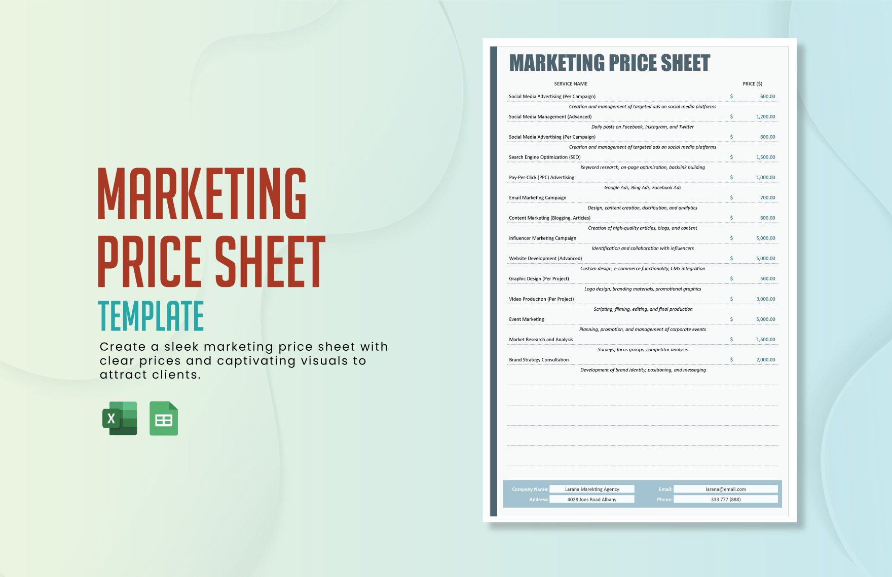 Marketing Price Sheet Template in Excel, Google Sheets
