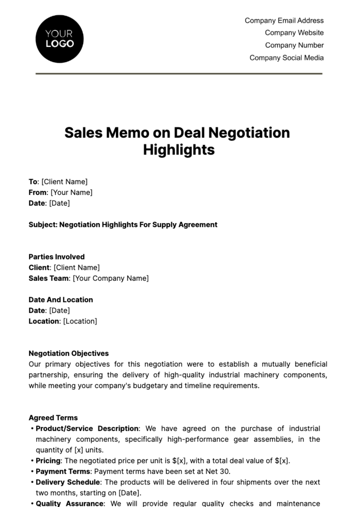 Sales Memo on Deal Negotiation Highlights Template