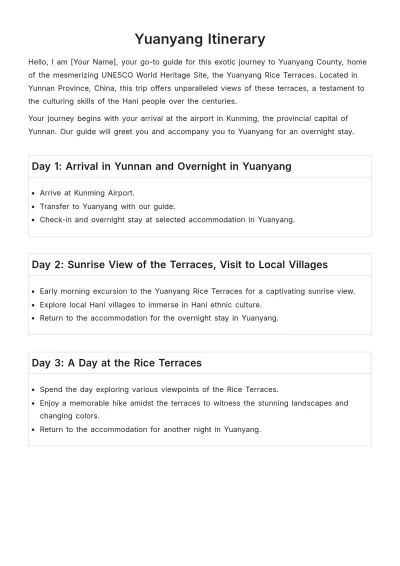 Free Yuanyang Itinerary Template to Edit Online