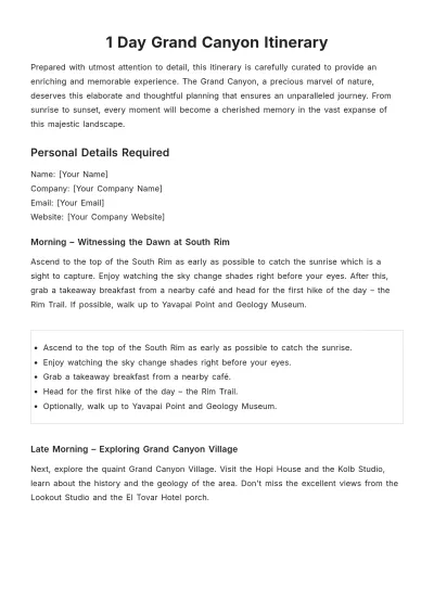 Free 1 Day Grand Canyon Itinerary Template to Edit Online