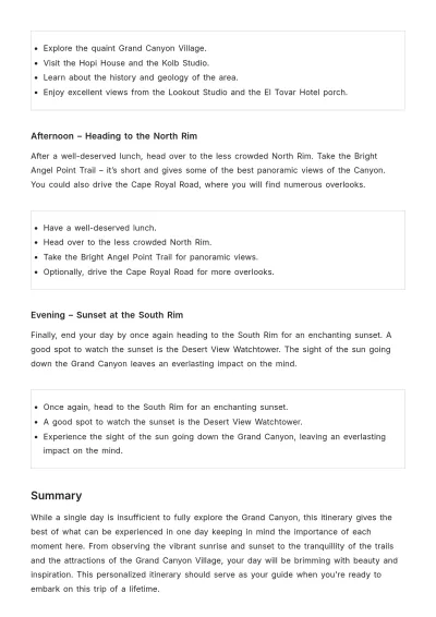 Free 1 Day Grand Canyon Itinerary Template to Edit Online