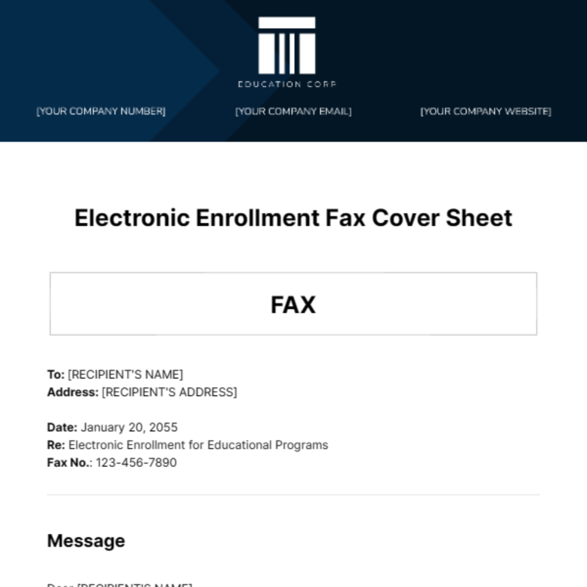 Electronic Enrollment Fax Cover Sheet Template