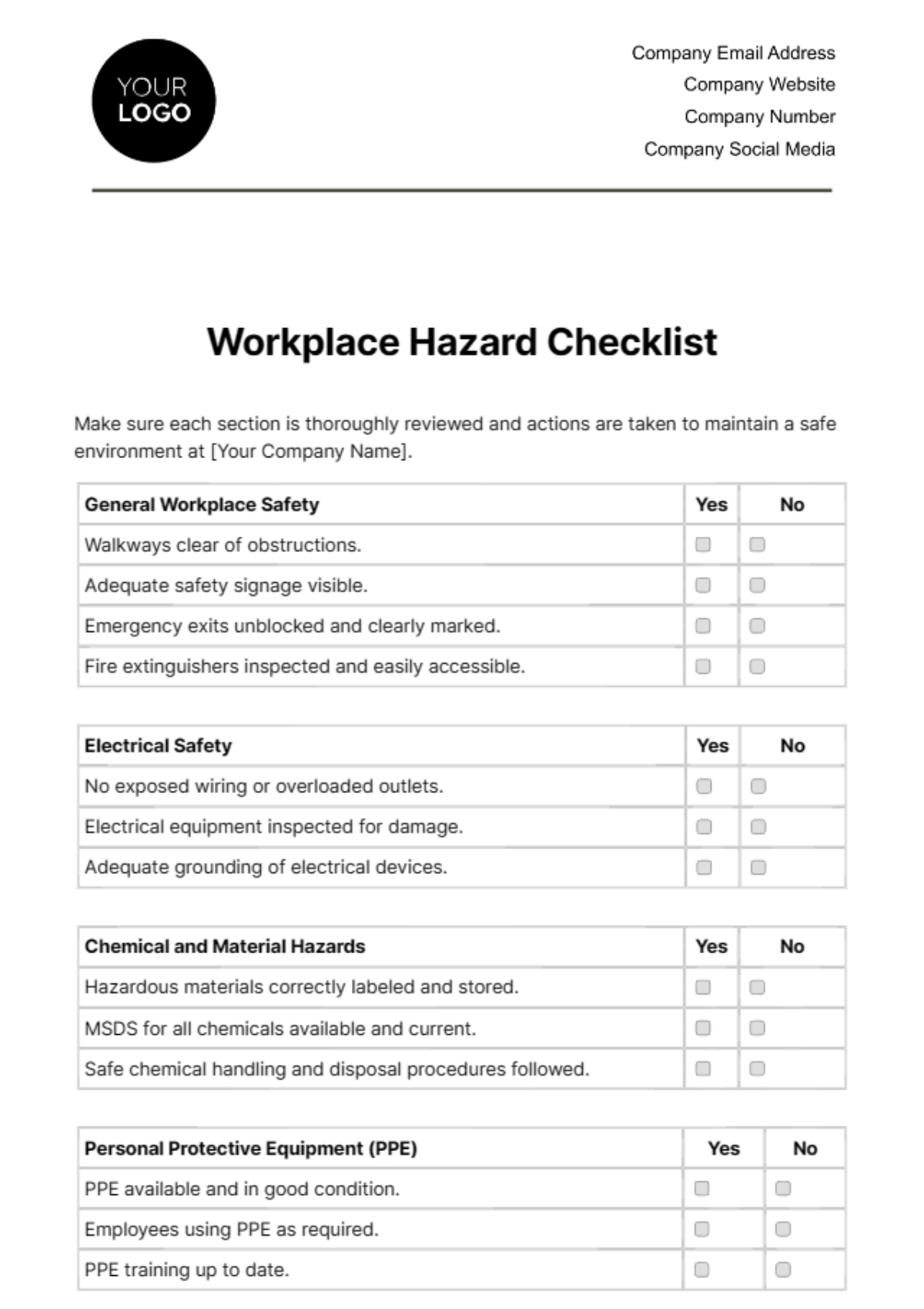Workplace Hazard Checklist Template