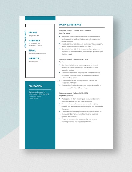 Business Analyst Trainee Resume Template