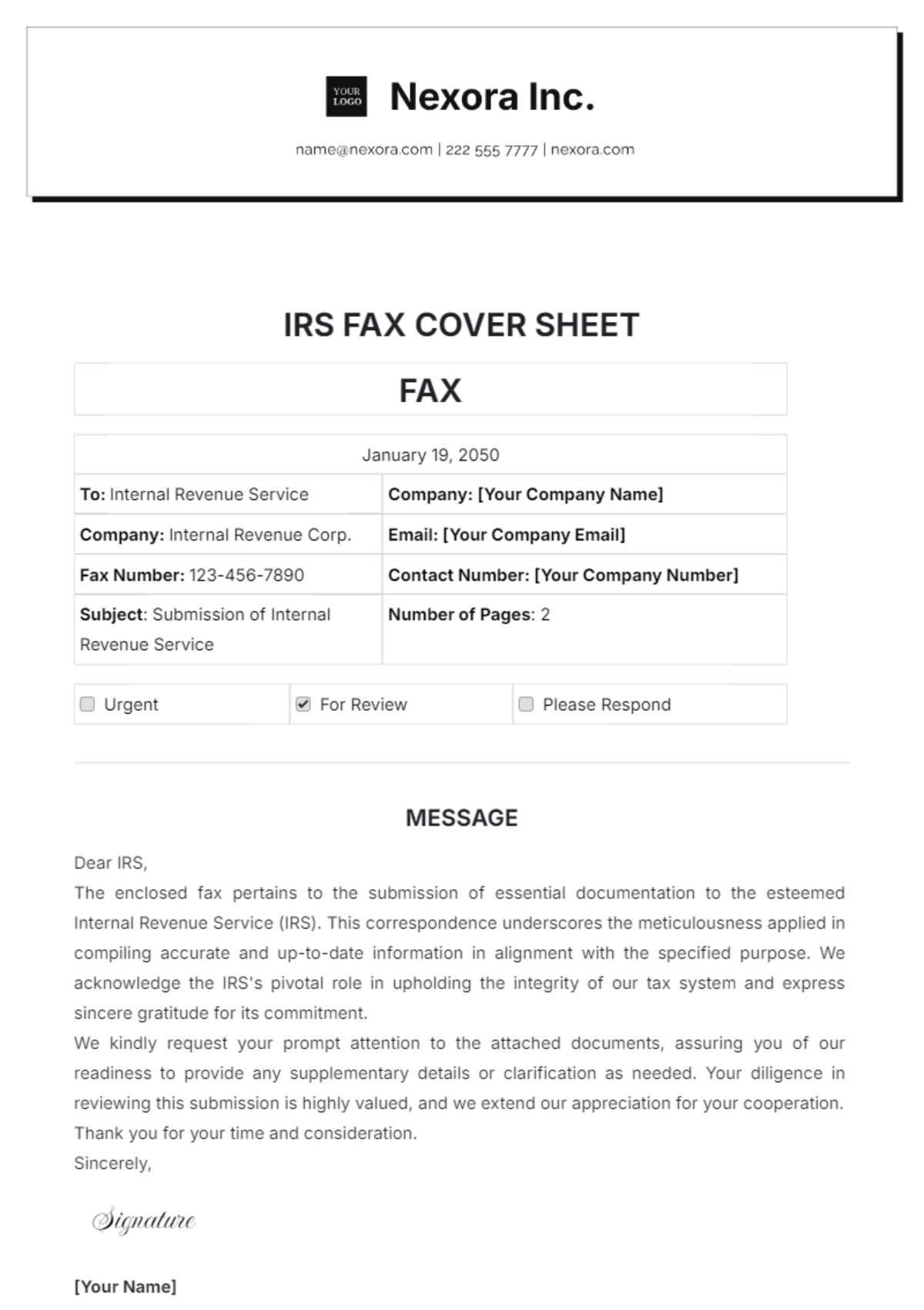 IRS Fax Cover Sheet Template