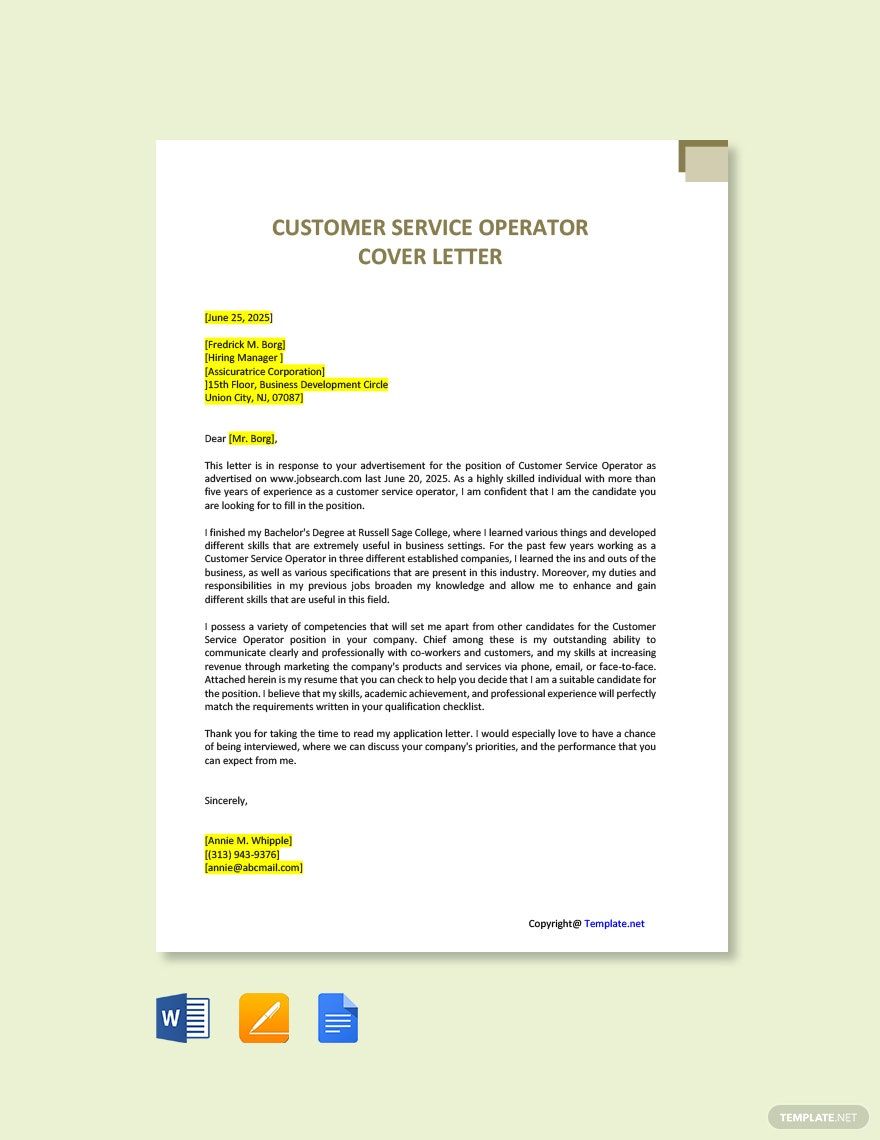 Customer Service Operator Cover Letter Template in Word, Google Docs, PDF, Apple Pages