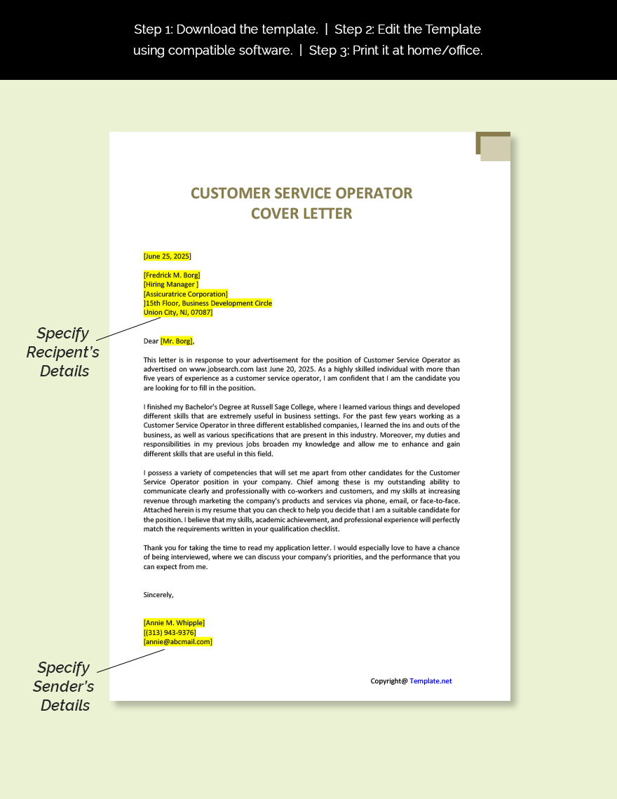 Customer Service Operator Cover Letter Template