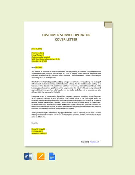 Free Customer Service Operator Cover Letter