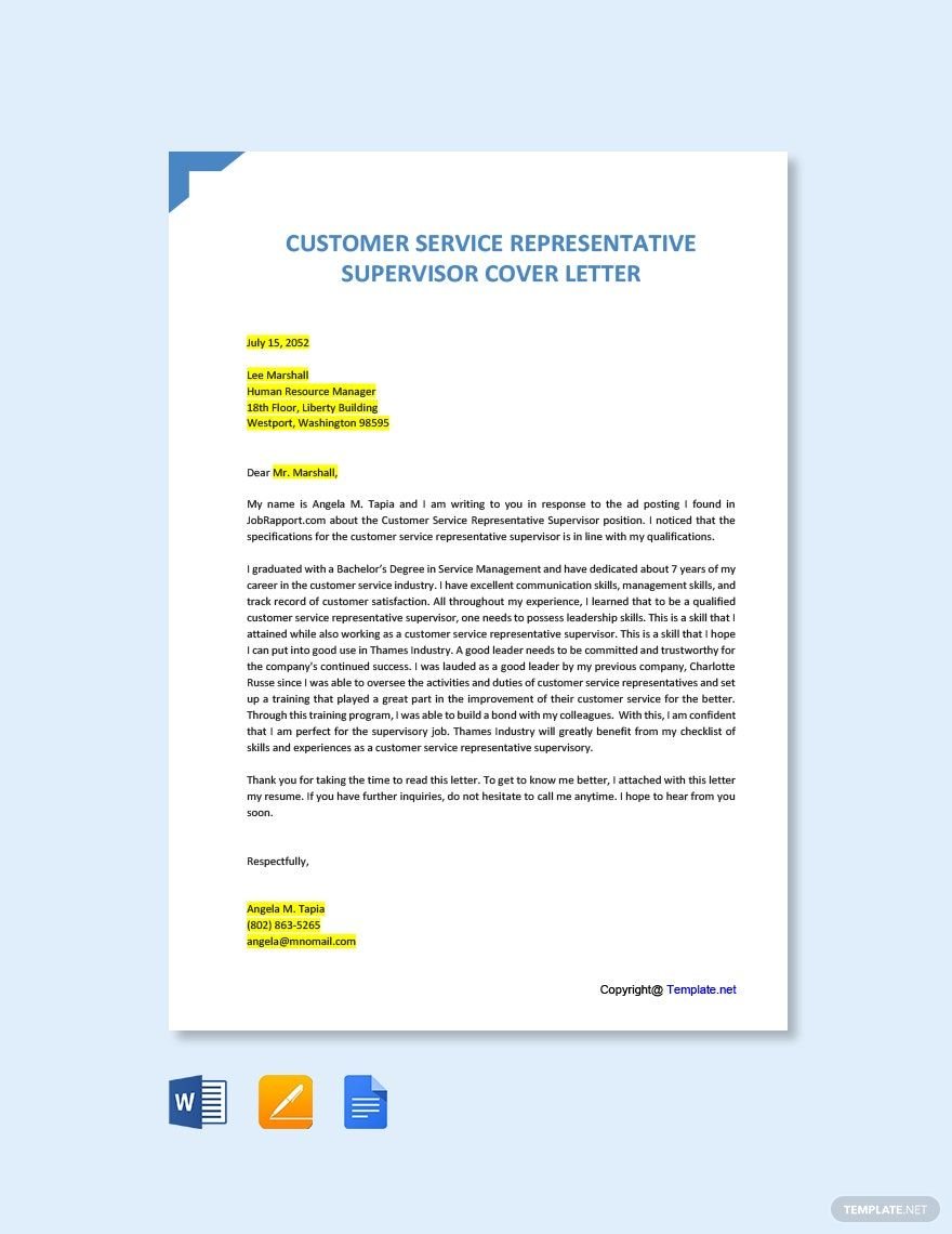 Customer Service Representative Supervisor Cover Letter Template