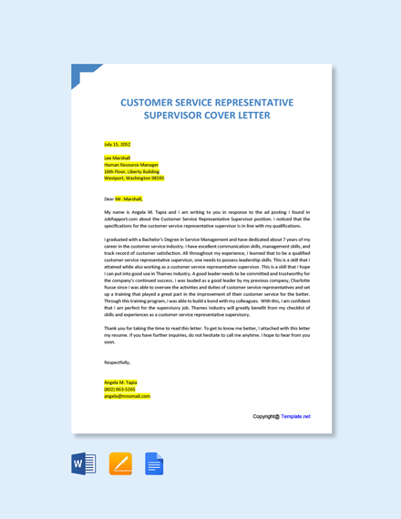 Customer Service Representative Supervisor Cover Letter