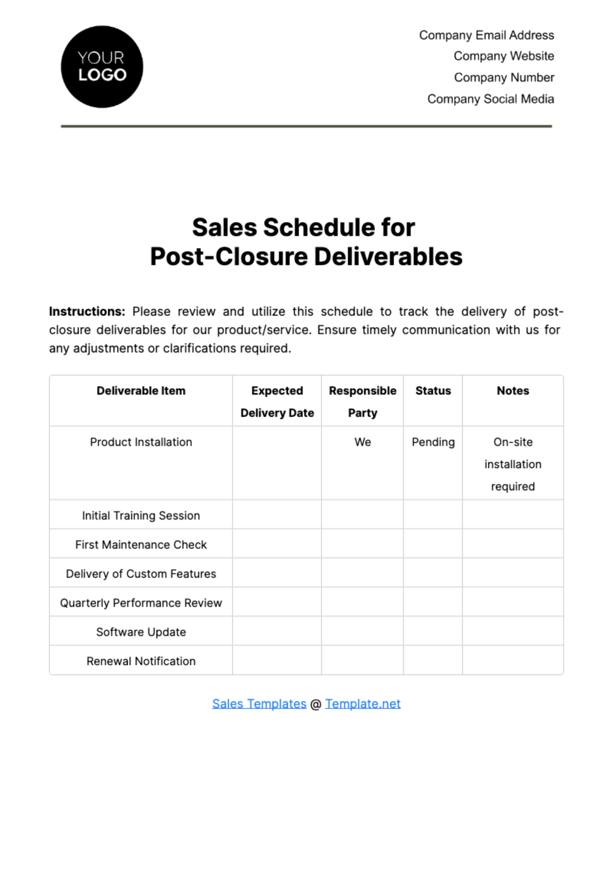 Sales Schedule for Post-Closure Deliverables Template