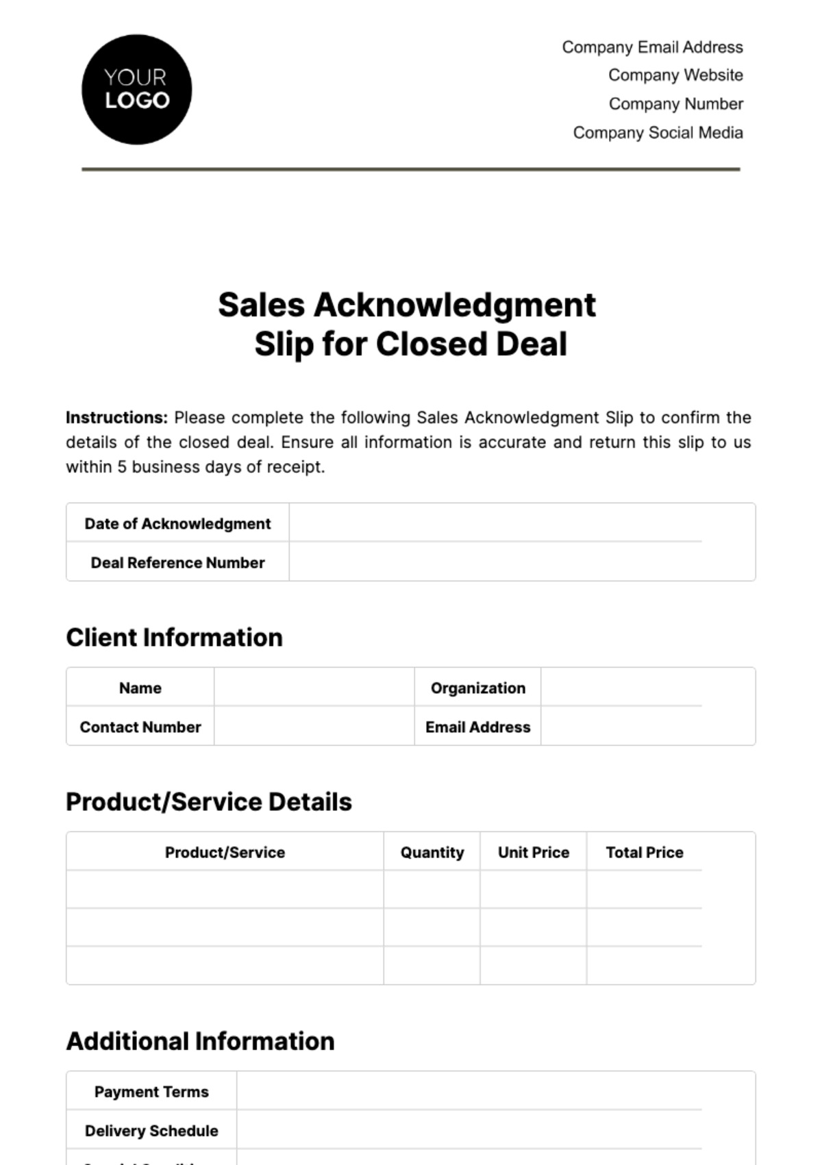Sales Acknowledgment Slip for Closed Deal Template