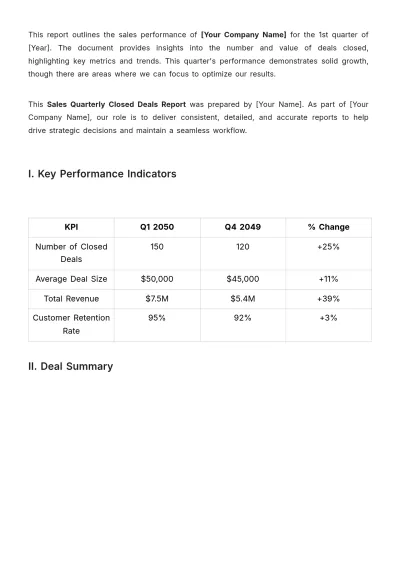 Free Sales Quarterly Closed Deals Report Template to Edit Online