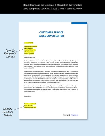 Customer Service Sales Cover Letter Template