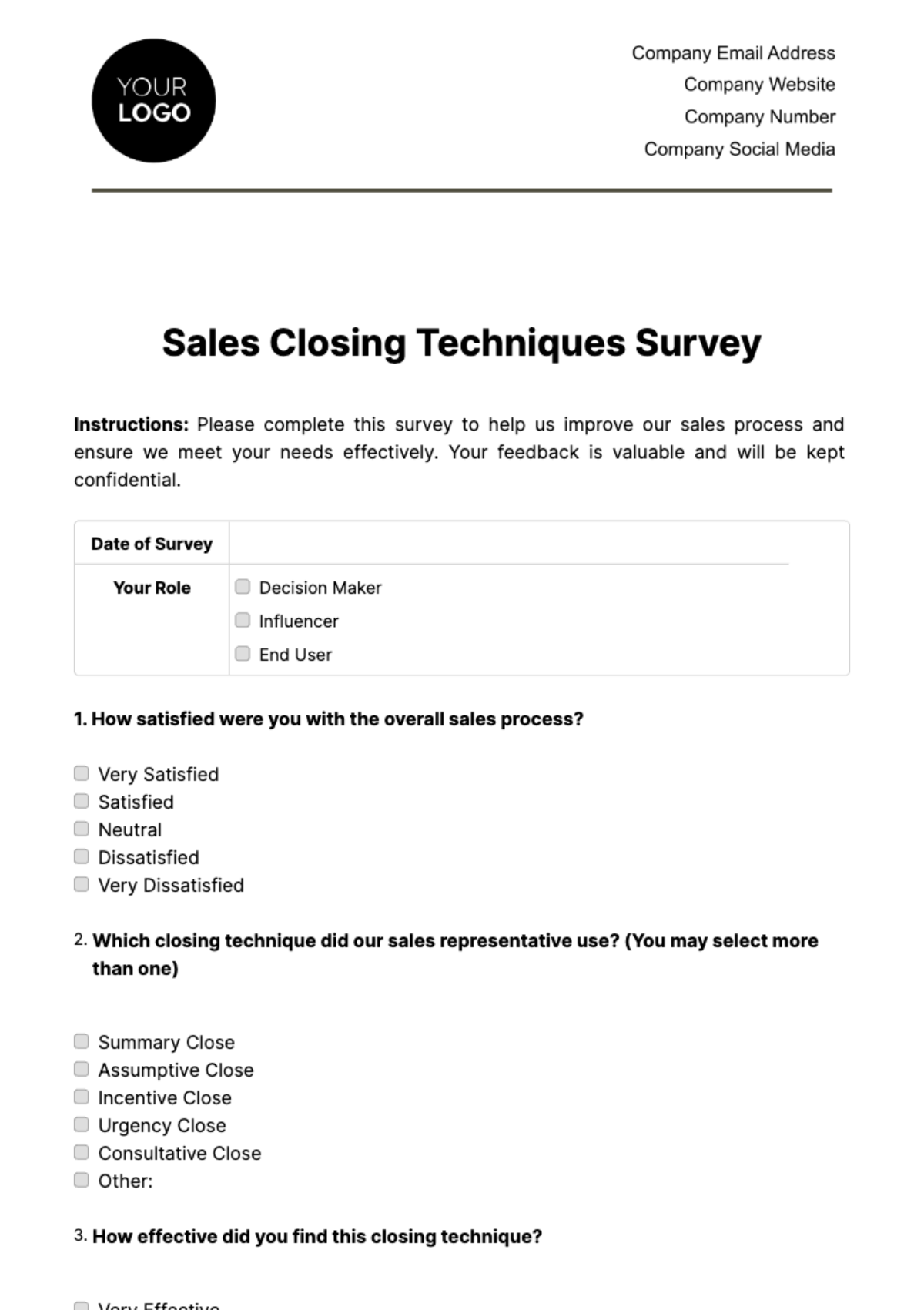 Sales Closing Techniques Survey Template