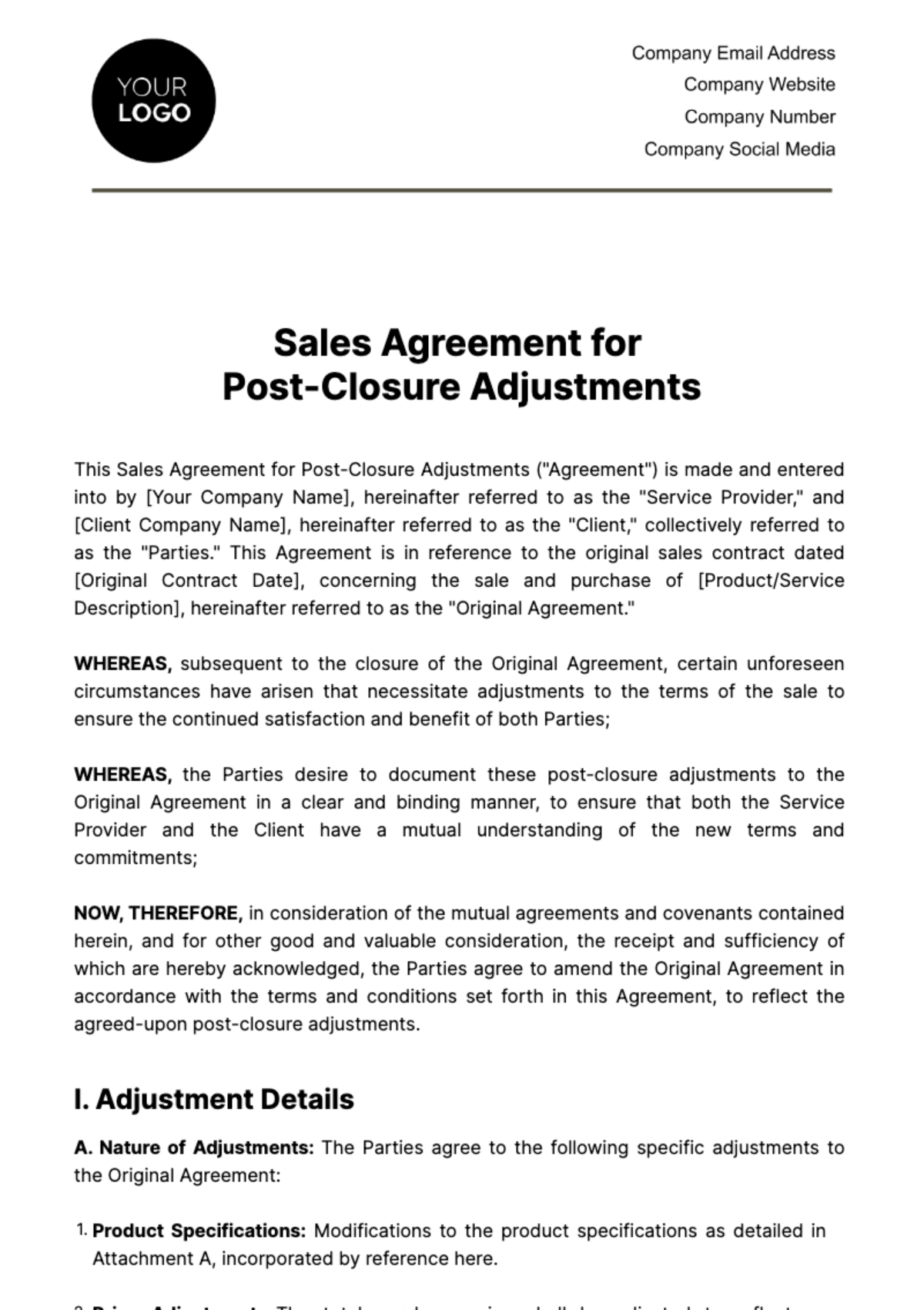 Sales Agreement for Post-Closure Adjustments Template