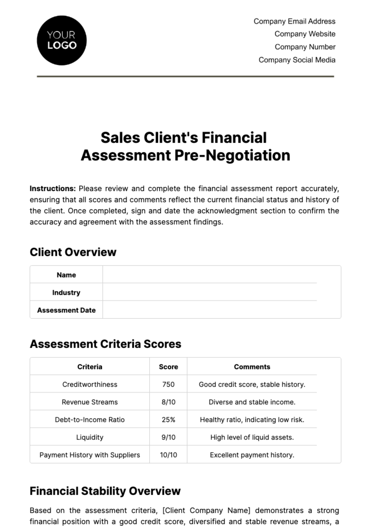 Sales Client's Financial Assessment Pre-Negotiation Template