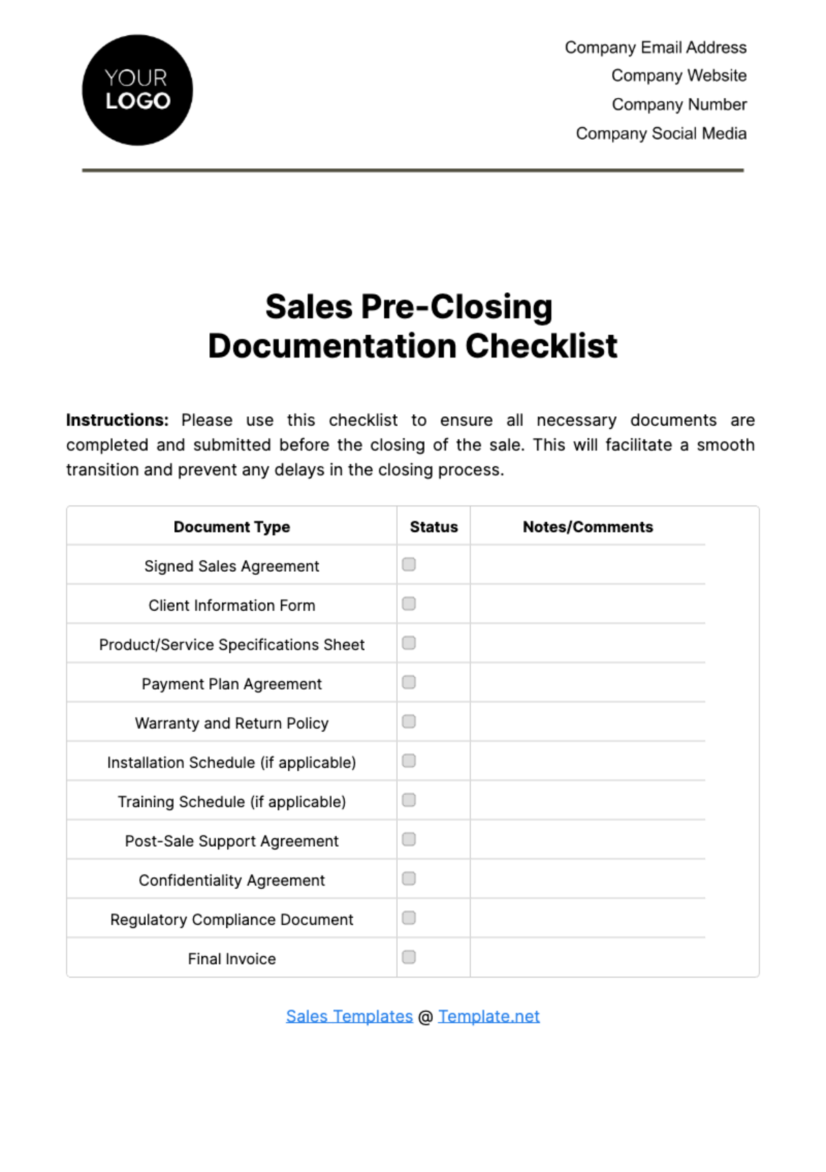 Free Sales Pre-Closing Documentation Checklist Template