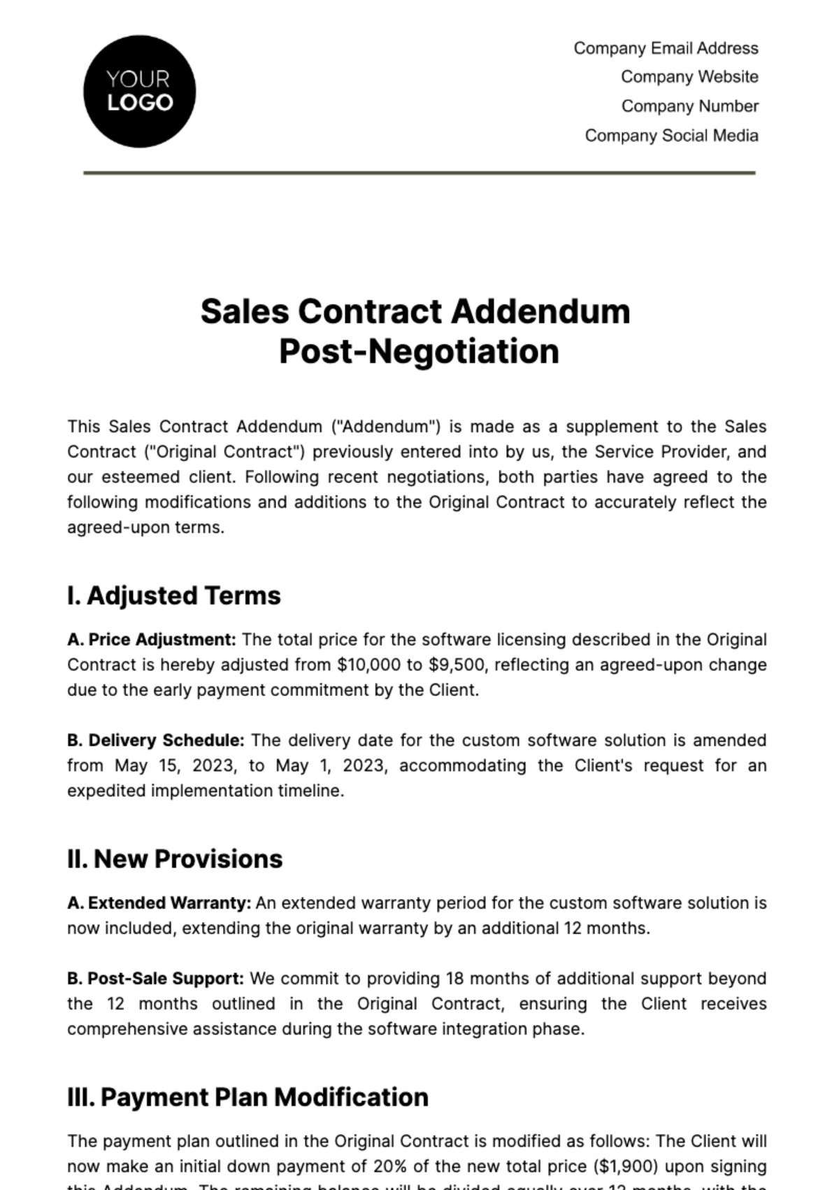 Sales Contract Addendum Post-Negotiation Template