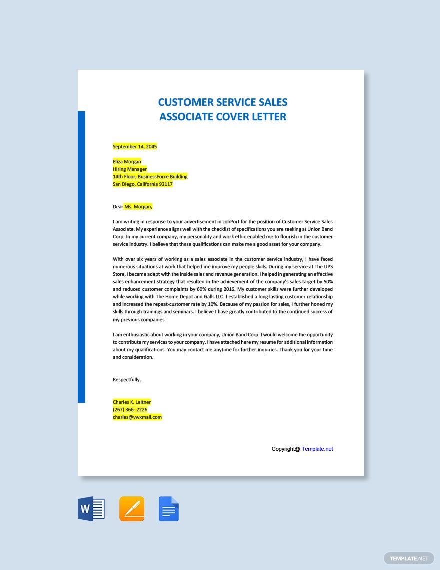 Customer Service Sales Associate Cover Letter Template
