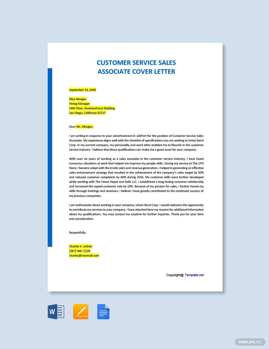 Customer Service Sales Associate Cover Letter Template in Word, Pages, Google Docs, PDF - Download | Template.net