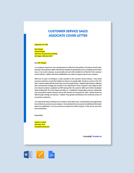 Customer Service Sales Associate Cover Letter 