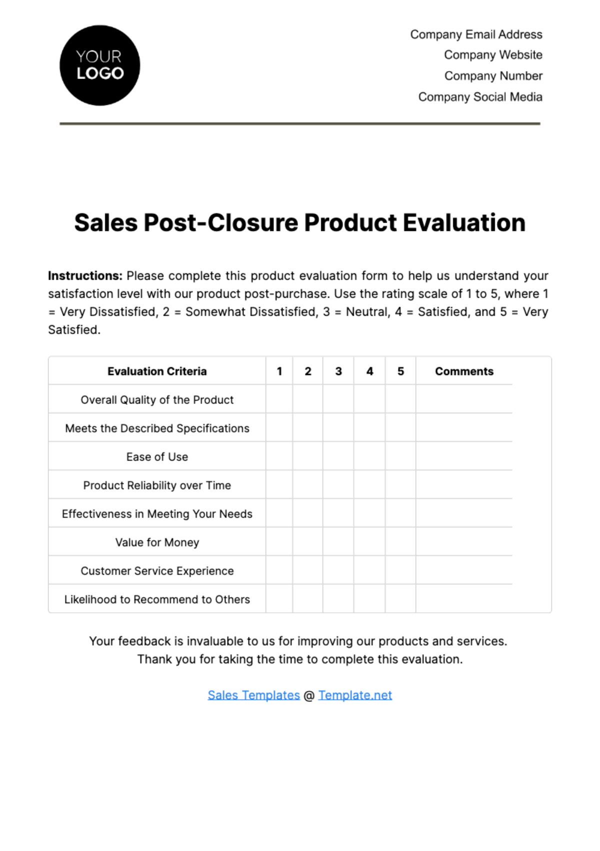 Sales Post-Closure Product Evaluation Template