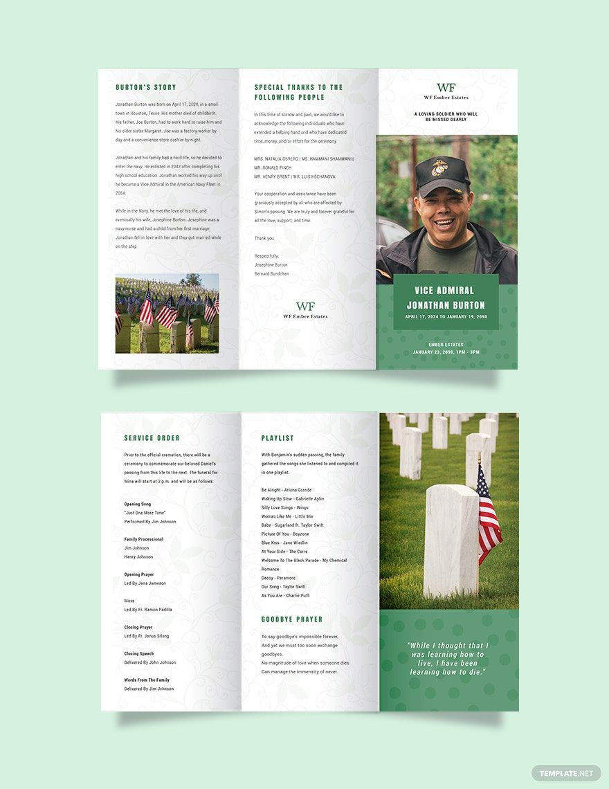 Printable Navy Honors Funeral Obituary Tri-Fold Brochure Template