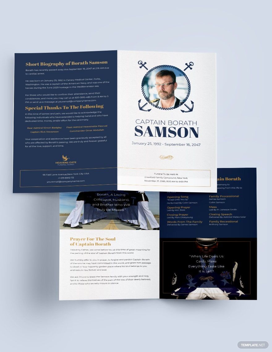 Navy Honors Funeral Program Bi-Fold Brochure Template in Word, Google Docs, Illustrator, PSD, Apple Pages, Publisher