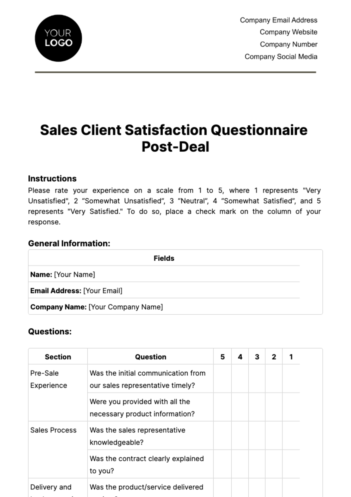 Sales Client Satisfaction Questionnaire Post-Deal Template