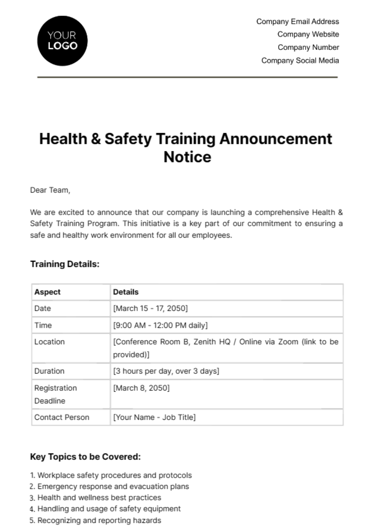 Health & Safety Training Announcement Notice Template