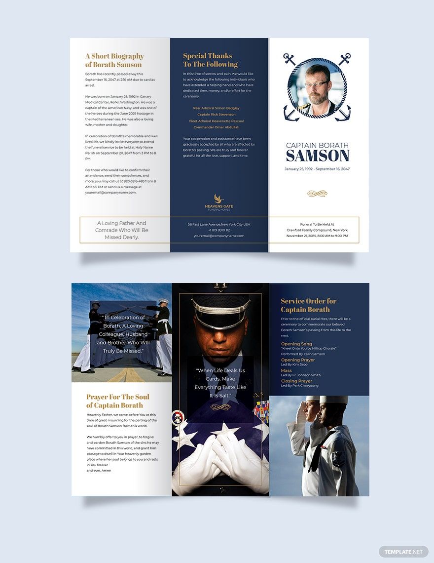 Navy Honors Funeral Program Tri-Fold Brochure Template in Word, Google Docs, Illustrator, PSD, Apple Pages, Publisher