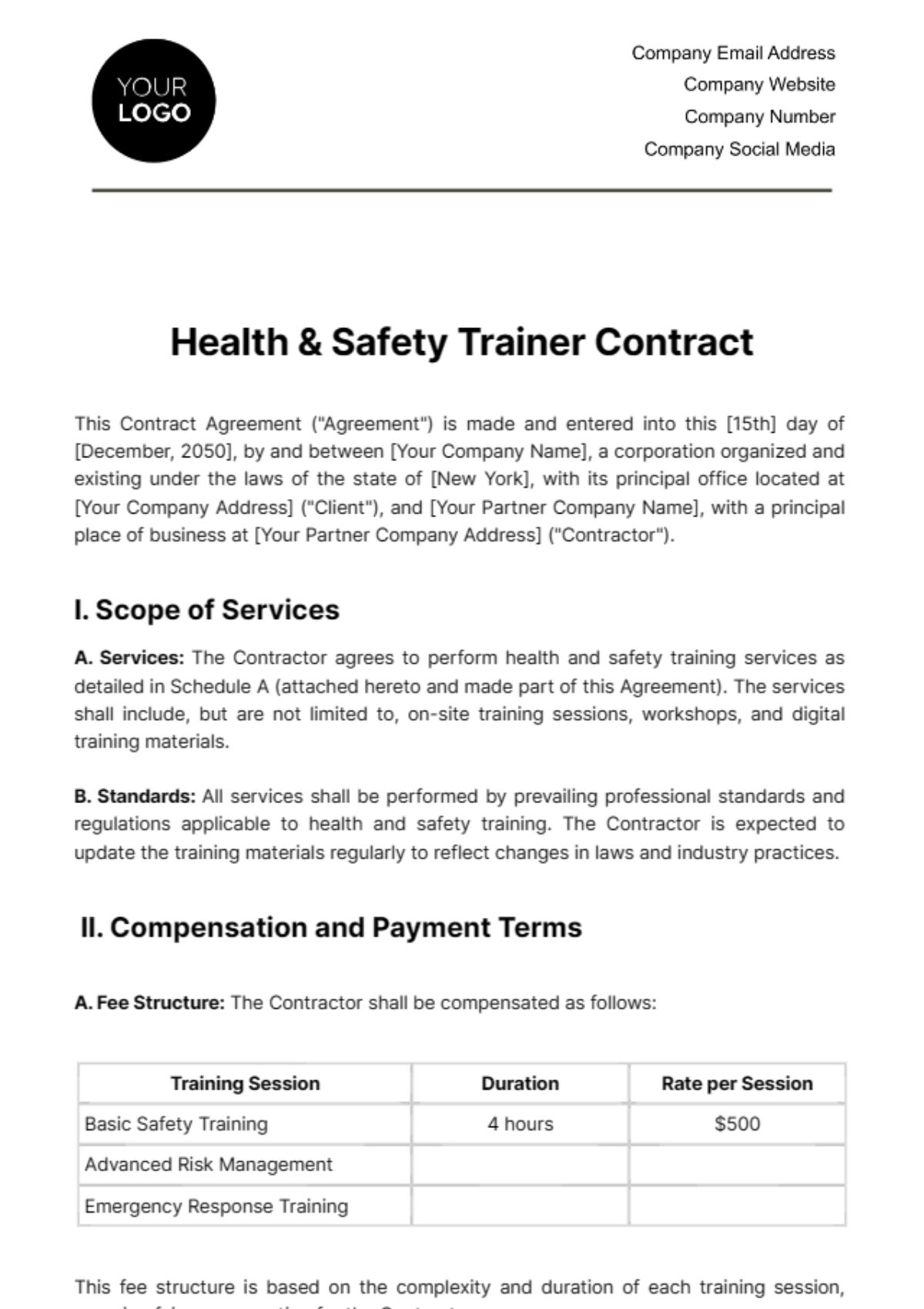 Health & Safety Trainer Contract Template - Edit Online & Download