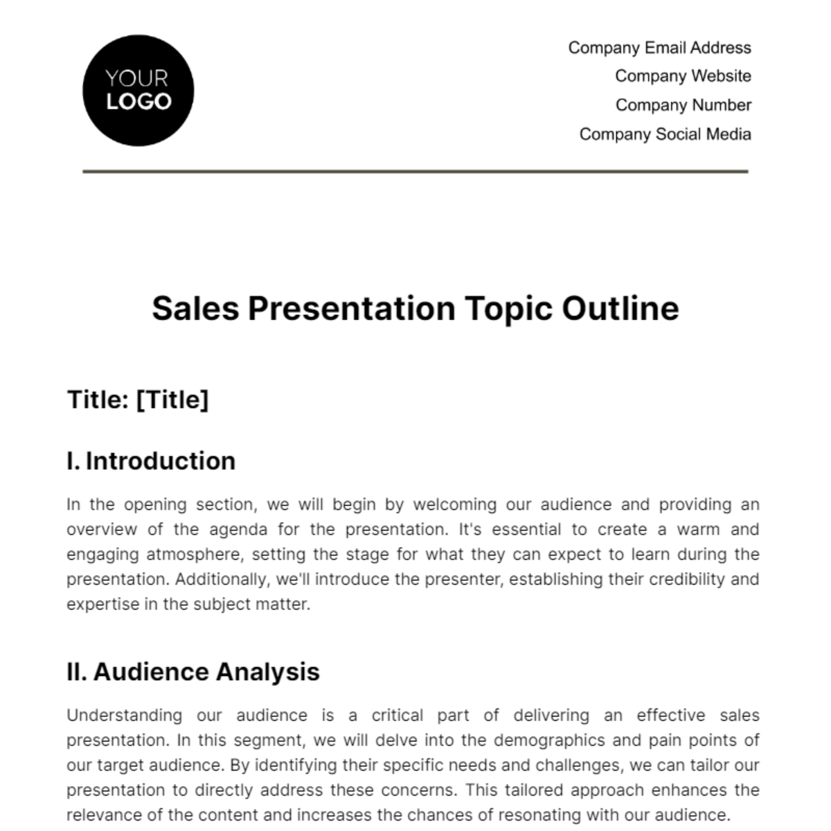 Sales Presentation Topic Outline Template