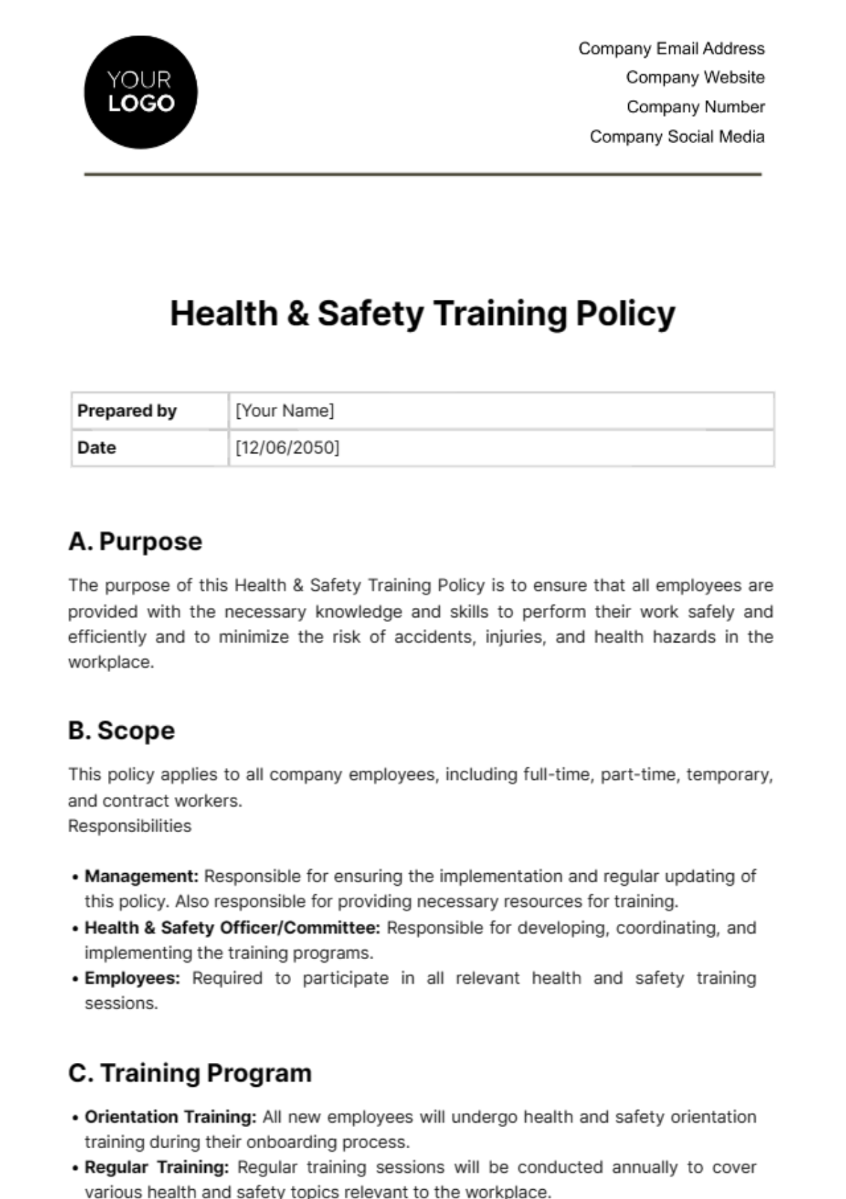 Free Health & Safety Training Policy Template