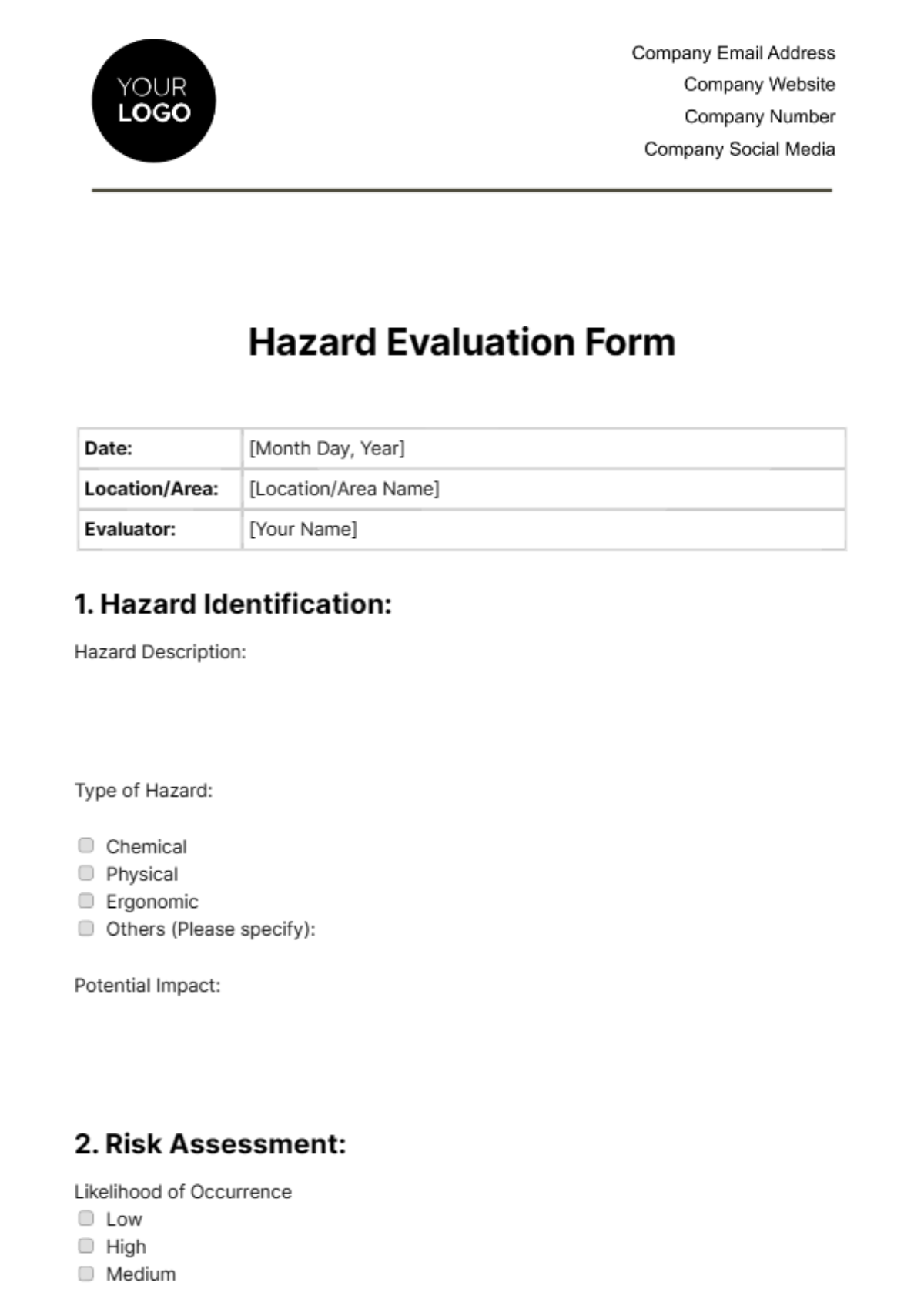 Hazard Evaluation Form Template